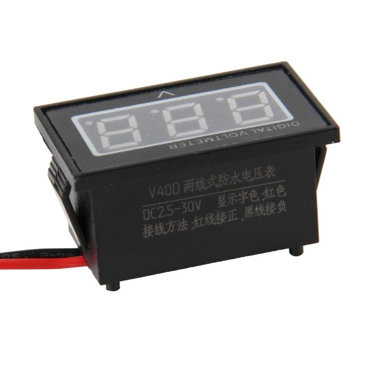 V40D 2 Wires Red Light Display Mini Waterproof IPX4 Digital Voltage Meter, Measure Voltage: DC 2.5-30V