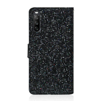 For Sony Xperia 10 III Glitter Powder Horizontal Flip Leather Case with Card Slots & Holder & Lanyard(Black)