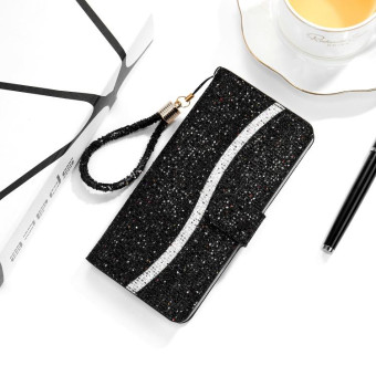 For Sony Xperia 10 III Glitter Powder Horizontal Flip Leather Case with Card Slots & Holder & Lanyard(Black)