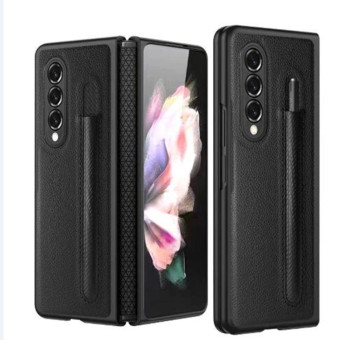 For Samsung Galaxy Z Fold3 5G Litchi Texture Hinge Protection Folding Phone Case with Pen Cover(Black)
