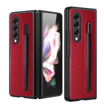 For Samsung Galaxy Z Fold3 5G Litchi Texture Hinge Protection Folding Phone Case with Pen Cover(Red)