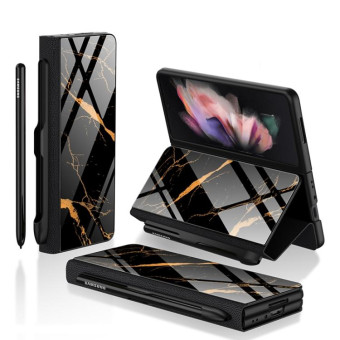 For Samsung Galaxy Z Fold3 5G GKK Flip Tempered Glass Phone Case with Pen Slot(Gold Line Black)