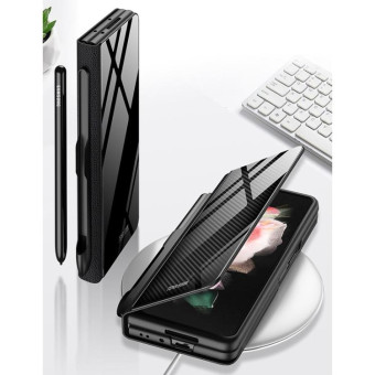 For Samsung Galaxy Z Fold3 5G GKK Flip Tempered Glass Phone Case with Pen Slot(Gold Line Black)