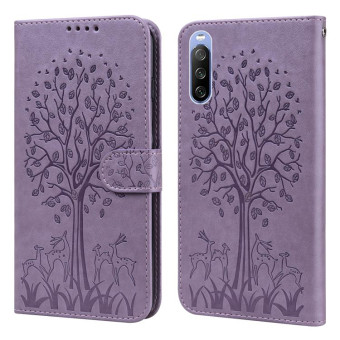 For Sony Xperia 10 III Tree & Deer Pattern Pressed Flip Leather Phone Case(Purple)