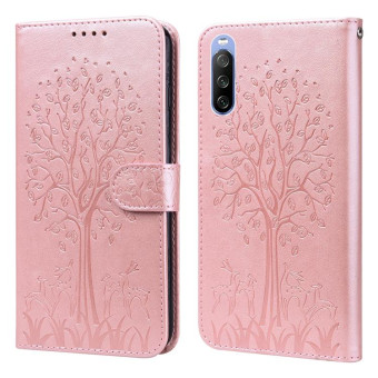 For Sony Xperia 10 III Tree & Deer Pattern Pressed Flip Leather Phone Case(Pink)