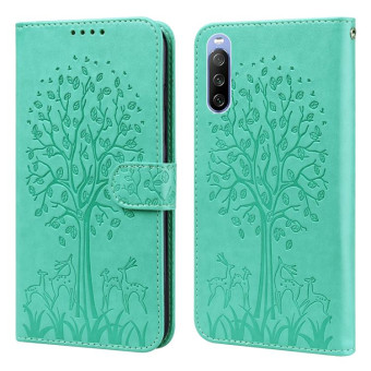 For Sony Xperia 10 III Tree & Deer Pattern Pressed Flip Leather Phone Case(Green)