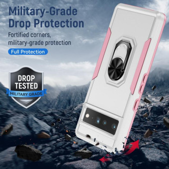 For Google Pixel 7 Pro Ring Kickstand Heavy Duty Shockproof Phone Case(White+Pink)