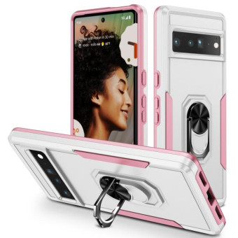 For Google Pixel 7 Pro Ring Kickstand Heavy Duty Shockproof Phone Case(White+Pink)