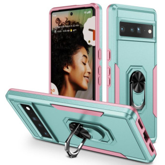 For Google Pixel 7 Pro Ring Kickstand Heavy Duty Shockproof Phone Case(Green+Pink)