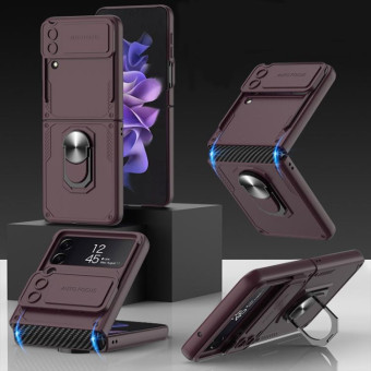 For Samsung Galaxy Z Flip4 GKK Carbon Brazing Pattern Shockproof Armor PC Phone Case with Ring Holder(Wine Red)