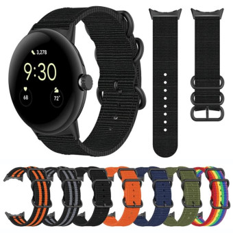 For Google Pixel Watch Three-ring Black Buckle Nylon Watch Band(Rainbow)