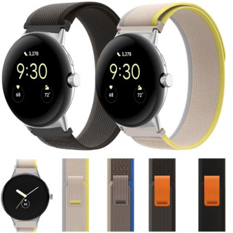 For Google Pixel Watch Loop Silver Connector Nylon Watch Band(Beige White)