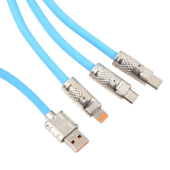 Mech Series 6A 120W 3 in 1 Metal Plug Silicone Fast Charging Data Cable, Length: 1.2m(Blue)