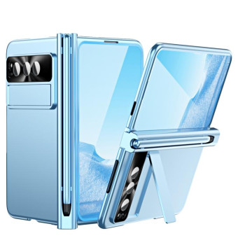 For Google Pixel Fold Integrated Electroplating Pen Slot Folding Phone Case with Stylus(Blue)