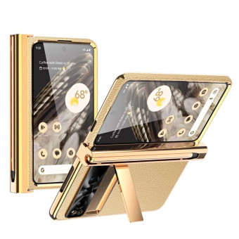 For Google Pixel Fold Litchi Pattern Electroplating Pen Slot Double Hinge Folding Phone Case with Stylus(Gold)
