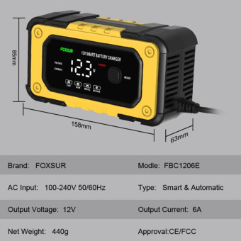 FOXSUR FBC1206E 6A 12V Car / Motorcycle Smart Battery Charger(EU Plug)