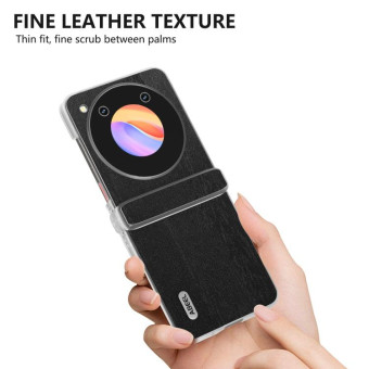 For ZTE nubia Flip ABEEL Three Parts Frosted Transparent Frame Hinge Wood Texture PU Phone Case(Black)