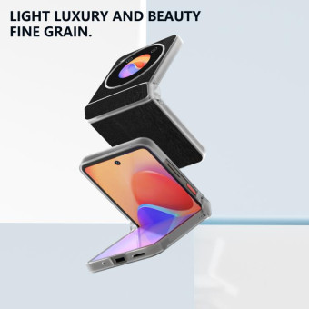 For ZTE nubia Flip ABEEL Three Parts Frosted Transparent Frame Hinge Wood Texture PU Phone Case(Black)
