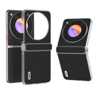 For ZTE nubia Flip ABEEL Three Parts Frosted Transparent Frame Hinge Genuine Leather Wave Phone Case(Black)