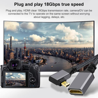 Micro HDMI Male Elbow to HDMI Female 4K UHD 18Gbps Connection Cable, Length:20cm(Grey)