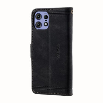 For Motorola Edge 50 Pro TTUDRCH Embossed Line Splicing Leather Phone Case(Black)