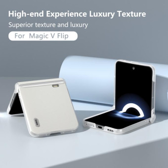 For Honor Magic V Flip Three Parts Genuine Leather Elegant Frosted Transparent Edge Phone Case(White)