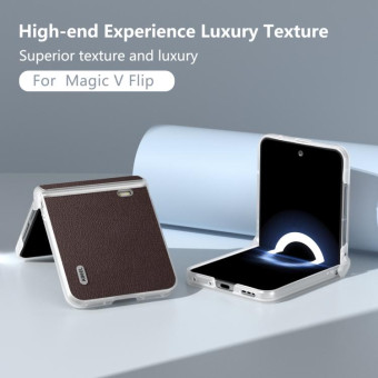 For Honor Magic V Flip Three Parts Genuine Leather Elegant Frosted Transparent Edge Phone Case(Coffee)