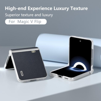 For Honor Magic V Flip Three Parts Genuine Leather Elegant Frosted Transparent Edge Phone Case(Blue)