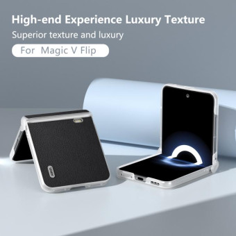 For Honor Magic V Flip Three Parts Genuine Leather Elegant Frosted Transparent Edge Phone Case(Black)