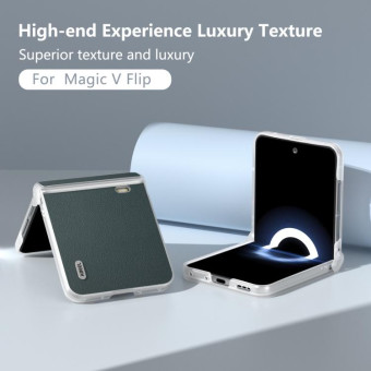 For Honor Magic V Flip Three Parts Genuine Leather Elegant Frosted Transparent Edge Phone Case(Green)