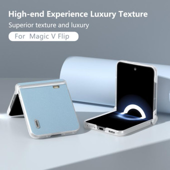 For Honor Magic V Flip Three Parts Genuine Leather Elegant Frosted Transparent Edge Phone Case(Sky Blue)