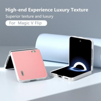 For Honor Magic V Flip ABEEL Frosted Translucent Frame Genuine Leather Wave Phone Case(Pink)