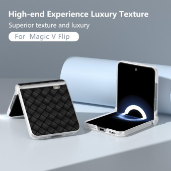 For Honor Magic V Flip Three Parts Frosted Translucent Frame Woven Texture PU Phone Case(Black)