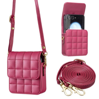 For Samsung Galaxy Z Flip6 BFB04 Plaid Crossbody Fold Phone Bag(Rose Red)