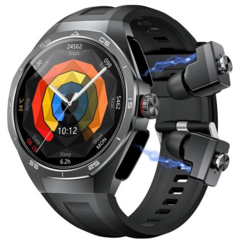 GT97 1.53 inch Round Screen 2 in 1 Bluetooth Earphone Silicone Strap Smart Watch Supports Bluetooth Calls(Black)