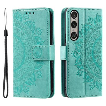 For Sony Xperia 1 VII Totem Flower Embossed Leather Phone Case with Lanyard(Green)