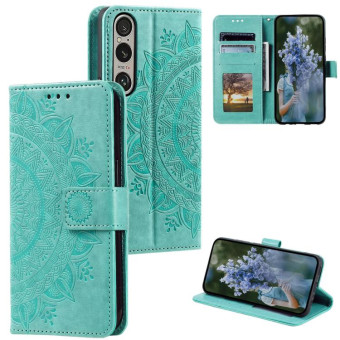 For Sony Xperia 1 VII Totem Flower Embossed Leather Phone Case with Lanyard(Green)