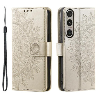 For Sony Xperia 1 VII Totem Flower Embossed Leather Phone Case with Lanyard(Gold)