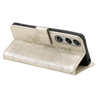 For Sony Xperia 1 VII Totem Flower Embossed Leather Phone Case with Lanyard(Gold)
