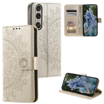 For Sony Xperia 1 VII Totem Flower Embossed Leather Phone Case with Lanyard(Gold)