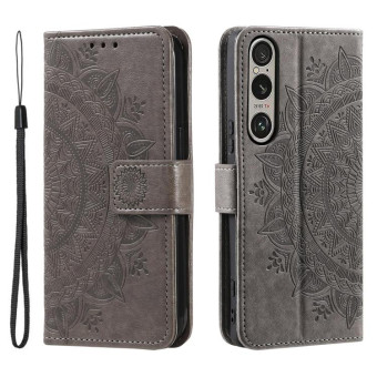 For Sony Xperia 1 VII Totem Flower Embossed Leather Phone Case with Lanyard(Grey)