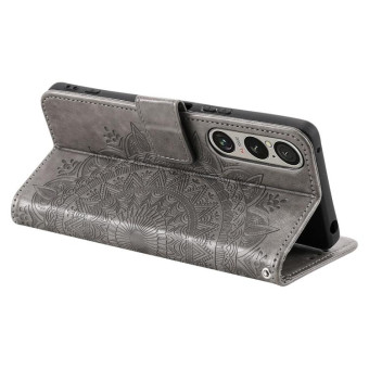 For Sony Xperia 1 VII Totem Flower Embossed Leather Phone Case with Lanyard(Grey)