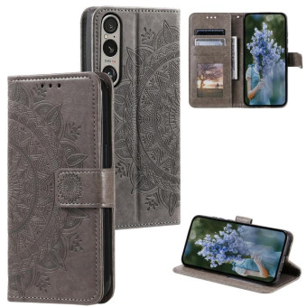 For Sony Xperia 1 VII Totem Flower Embossed Leather Phone Case with Lanyard(Grey)