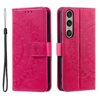 For Sony Xperia 1 VII Totem Flower Embossed Leather Phone Case with Lanyard(Red)