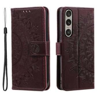 For Sony Xperia 1 VII Totem Flower Embossed Leather Phone Case with Lanyard(Brown)