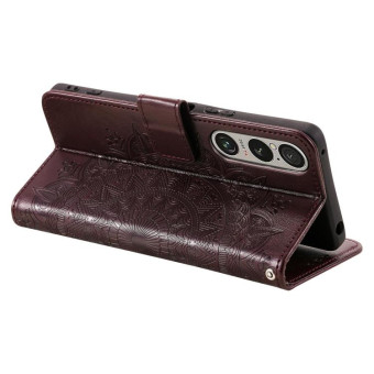 For Sony Xperia 1 VII Totem Flower Embossed Leather Phone Case with Lanyard(Brown)