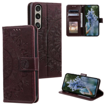For Sony Xperia 1 VII Totem Flower Embossed Leather Phone Case with Lanyard(Brown)