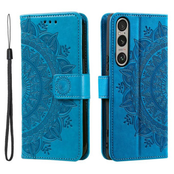 For Sony Xperia 1 VII Totem Flower Embossed Leather Phone Case with Lanyard(Blue)