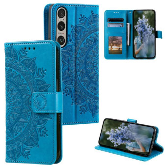 For Sony Xperia 1 VII Totem Flower Embossed Leather Phone Case with Lanyard(Blue)