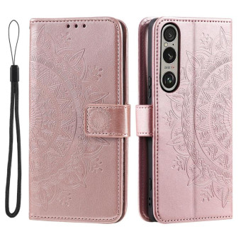 For Sony Xperia 1 VII Totem Flower Embossed Leather Phone Case with Lanyard(Rose Gold)